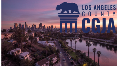 Los Angeles skyline with CGJA logo at sunset.