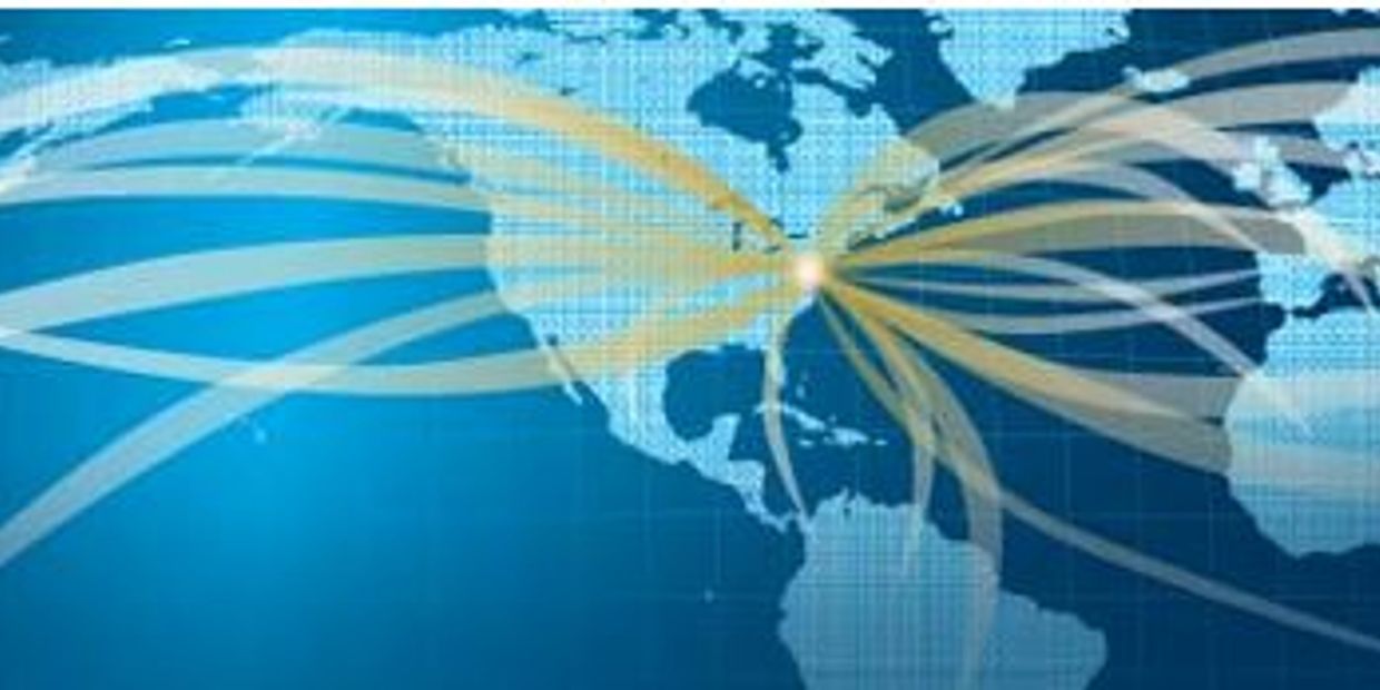 Digital global network connections around a central point in the United States.