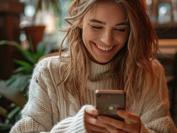 Young woman smiling while looking at her phone indoors.