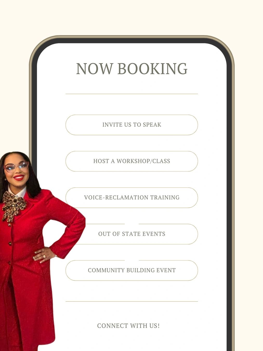 Woman in red coat next to a booking services list.
