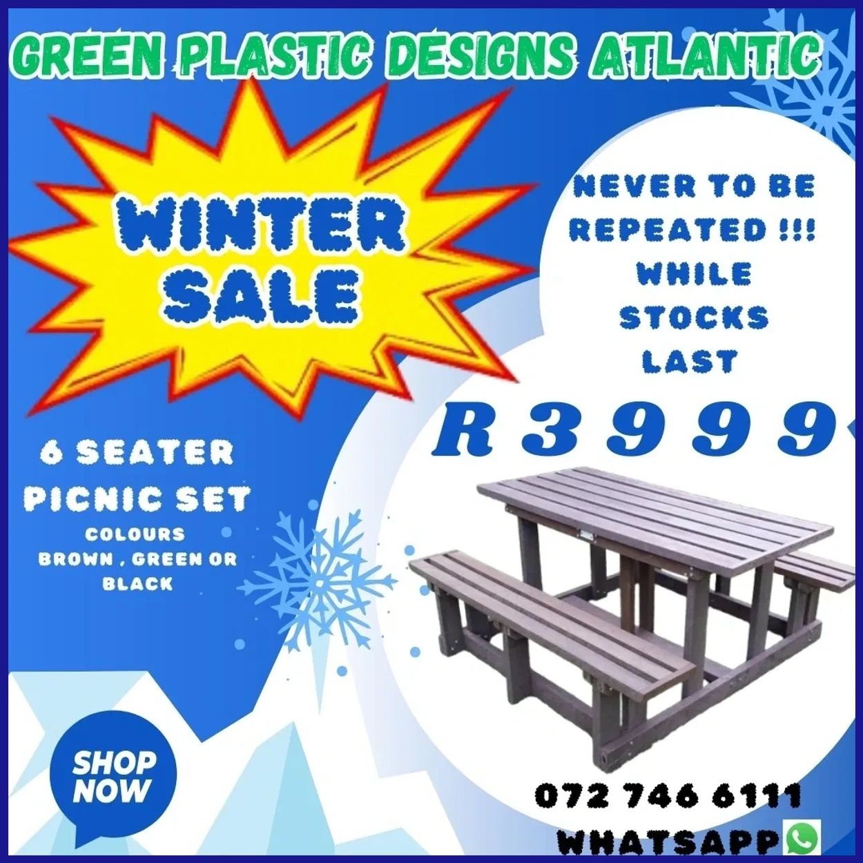 Winter special 6 Seater Picnic set, benches can be connected of loose, dimensions 1600mm X 1600mm X 
