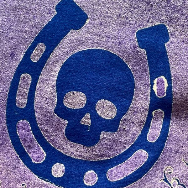 Purple shirt with blue skull and horseshoe design.