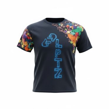 Black t-shirt with colorful abstract patterns and blue hand symbols.