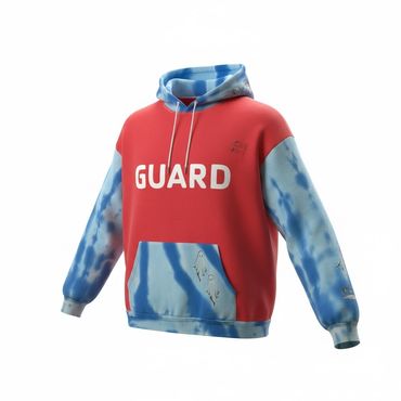 Red and blue tie-dye hoodie with 'GUARD' text and ghost graphics.