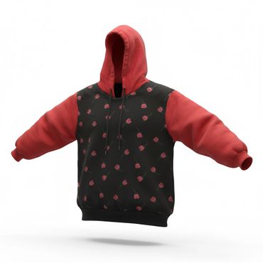 Red and black hoodie with floral pattern on the body and solid red sleeves.