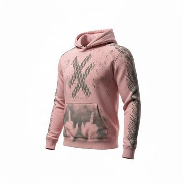 Pink hoodie with black abstract and hand designs on sleeves and front pocket.