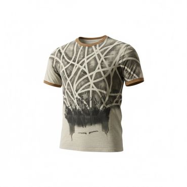Beige t-shirt with abstract black and white pattern and brown collar and sleeve edges.