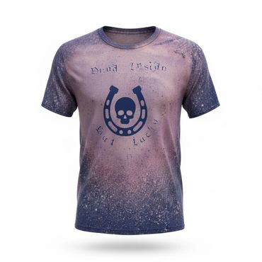 Purple and blue gradient T-shirt with skull and horseshoe design.