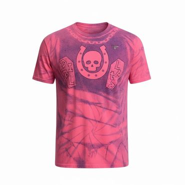 Pink tie-dye t-shirt with a skull and horseshoe graphic design.