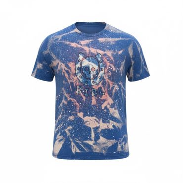 Blue tie-dye t-shirt with a graphic robot design and text.