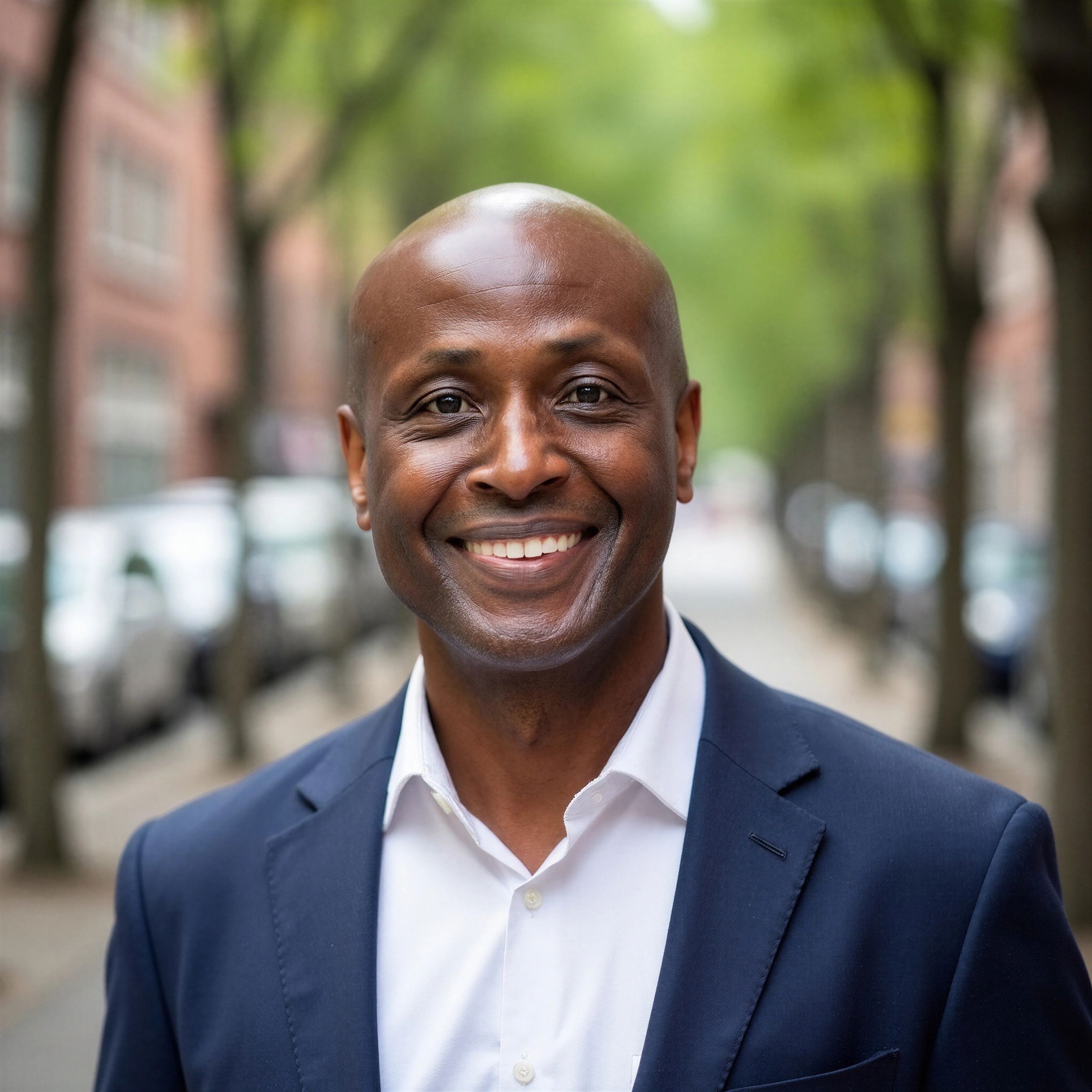 Smiling bald man in a navy blazer and white shirt outdoors.
