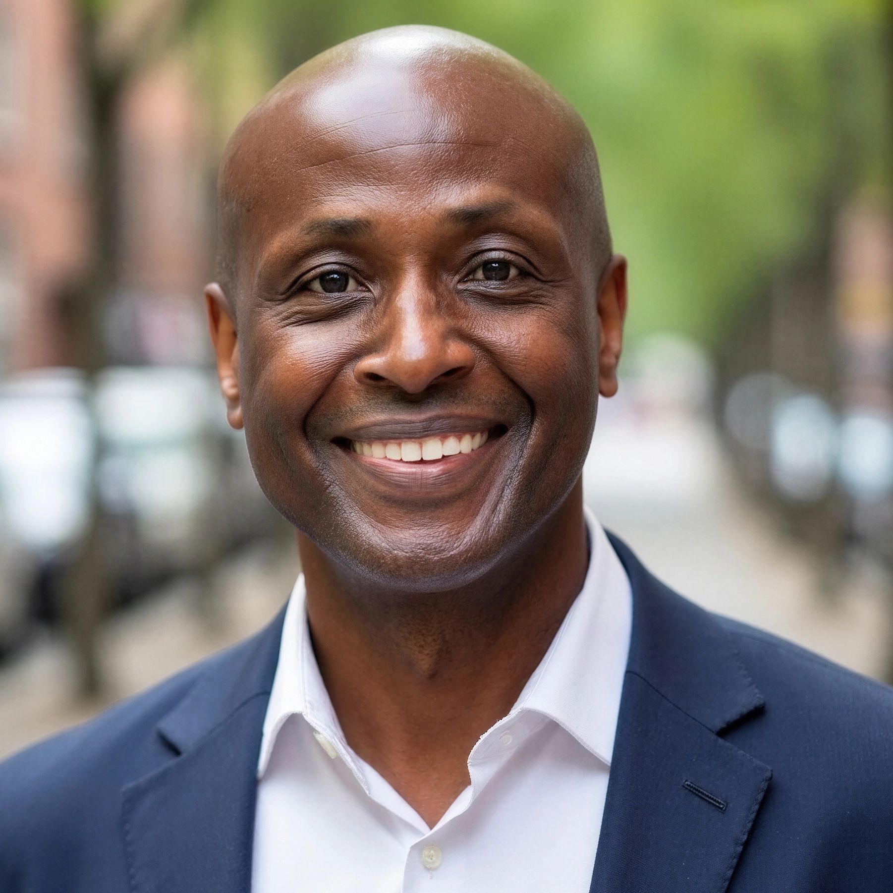 Smiling bald man in a navy blazer and white shirt outdoors.