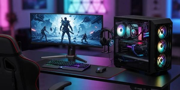 RGB-lit gaming PC setup with ultrawide monitor and gaming peripherals.