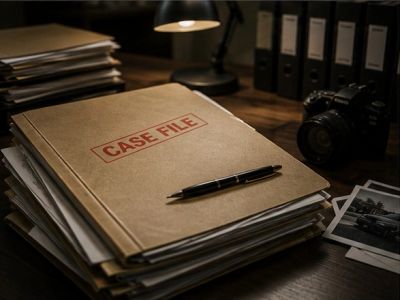 A case file folder on a desk with a pen and camera.