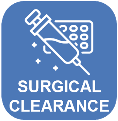 Icon depicting surgical clearance with syringe and pills.