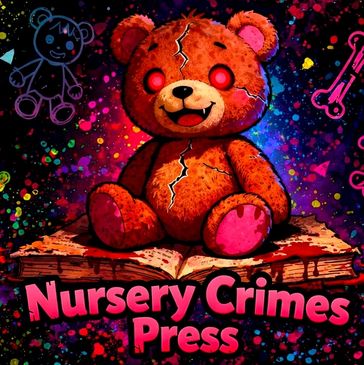 Creepy cracked teddy bear with red eyes on a colorful splattered background.