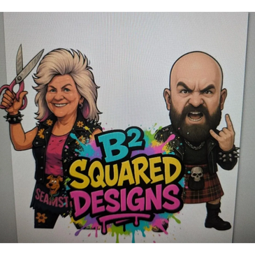 Cartoon caricatures of two people with B2 Squared Designs logo.