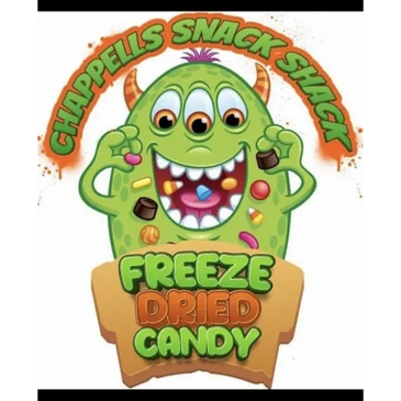 Colorful logo of Chapels Snack Shack featuring a friendly green monster and freeze-dried candy.