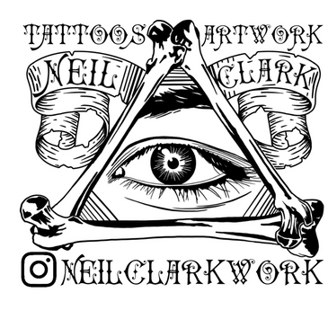 Tattoo design featuring an eye, crossed bones, and stylized text.