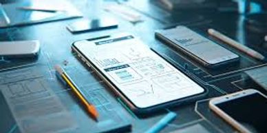 Smartphones and tablets displaying wireframe designs and sketches on a workspace.