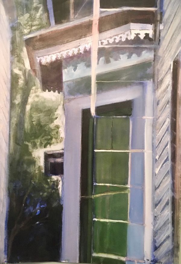 " Cape May Bay Window and Fire Escape Ladder". Oil on primed paper. h 36" x w 24". 1994.