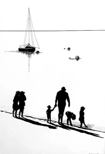 Family walking on the beach, with boat in background.