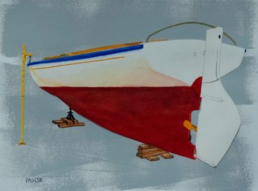 Painting of boat hull on blocks