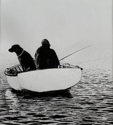 Pen drawing, fishing, dog, boat, fisherman