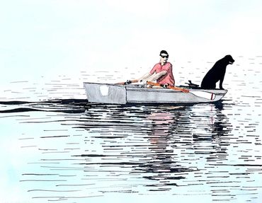 Boat, man, dog, fishing, rowing