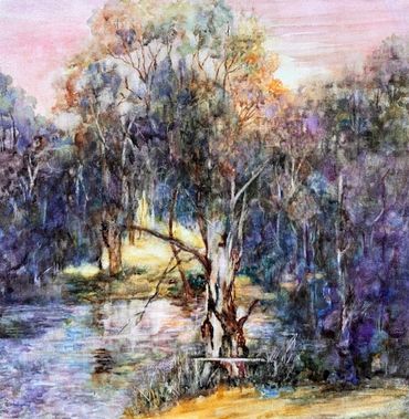 Moonrise, gum tree, water, landscape, vivid colours, watercolour, canvas