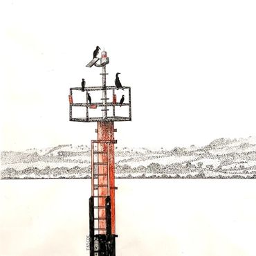 Sea, navigation beacon,  red pole, roosting cormorants, rolling hills
