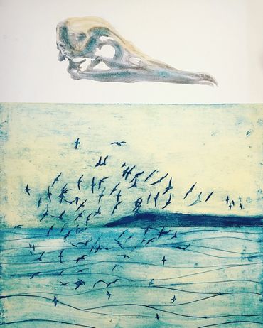 Printmaking, Collagraph, Shearwaters, skull, Seascape, art, Ian Pascoe