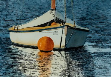 Drawing/painting  in Indian ink and watercolour of a wooden boat moored in Westernport, Victoria, li