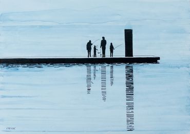 Family of people fishing on pier