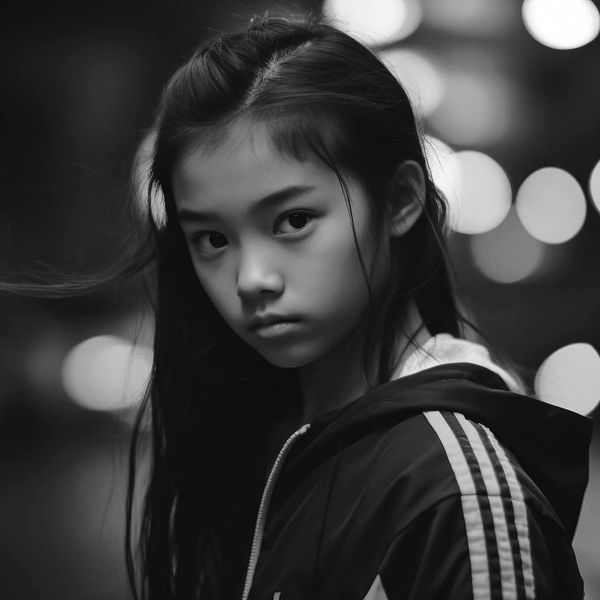 Black and white portrait of a young girl with intense eyes and long hair.