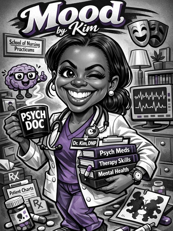 Caricature of Dr. Kim, a cheerful psych doctor with books and a coffee mug.