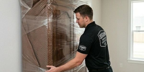 A mover wrapping a wooden dresser with protective plastic.