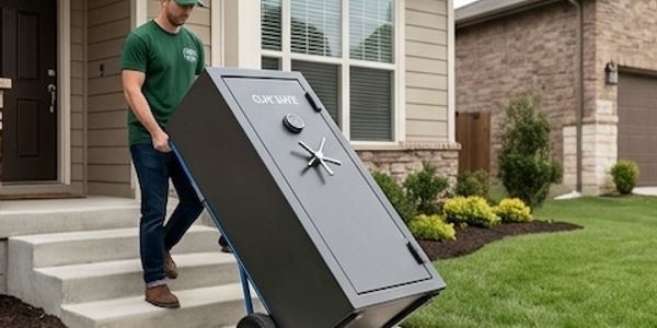 A man moves a large gun safe on a hand truck outside a house.
