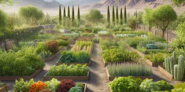 Lush vegetable garden with raised beds against a mountainous backdrop.