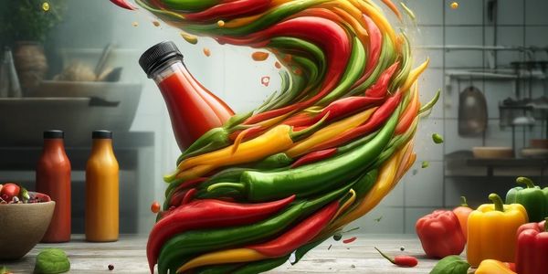 Colorful chili peppers swirling out of a hot sauce bottle in a kitchen.