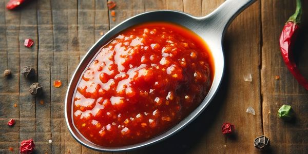 A spoonful of spicy red chili sauce with scattered chili peppers and spices on wooden surface.