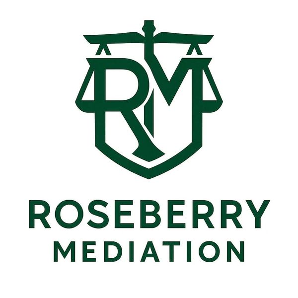 Logo for Roseberry Mediation featuring scales of justice and initials RM.