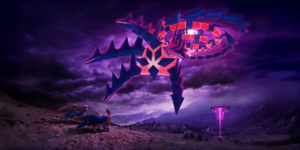 Two creatures confront a glowing, spiked spiral entity in a dark, ominous landscape.