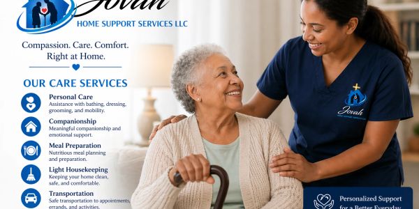 Caregiver assisting elderly woman with smile.
