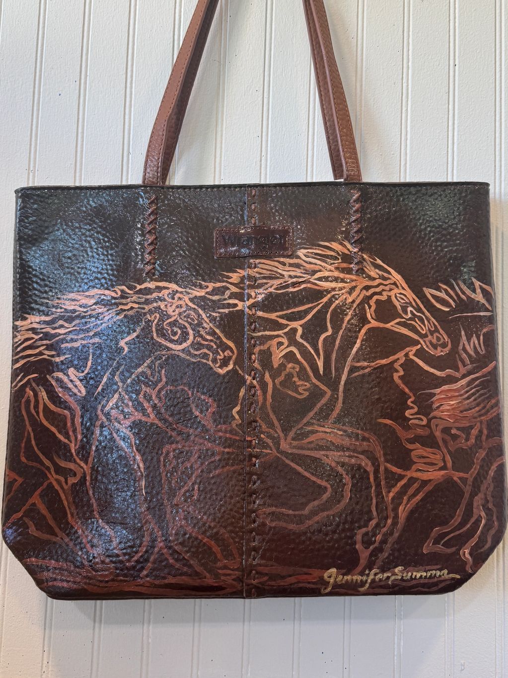 Hand painted tote bag with running horses