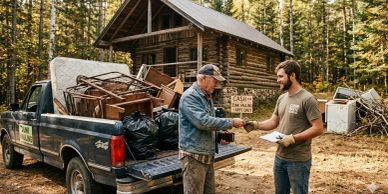 Two men shaking hands near a truck loaded with scrap and a cabin in the woods.