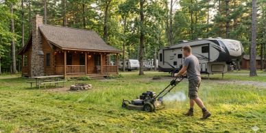 A man mowing grass near a cabin and RV in a forest campground.