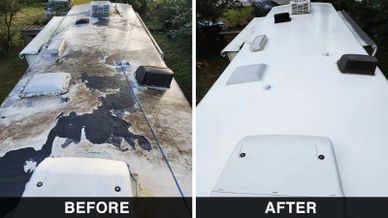 Comparison of a dirty roof before and after cleaning and restoration.