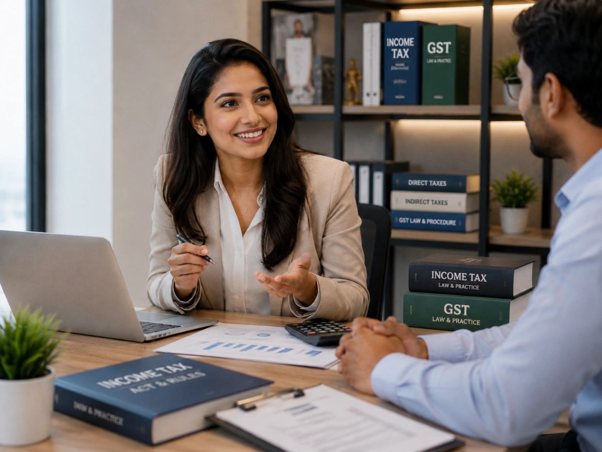 A woman consulting a man about taxes in an office.
