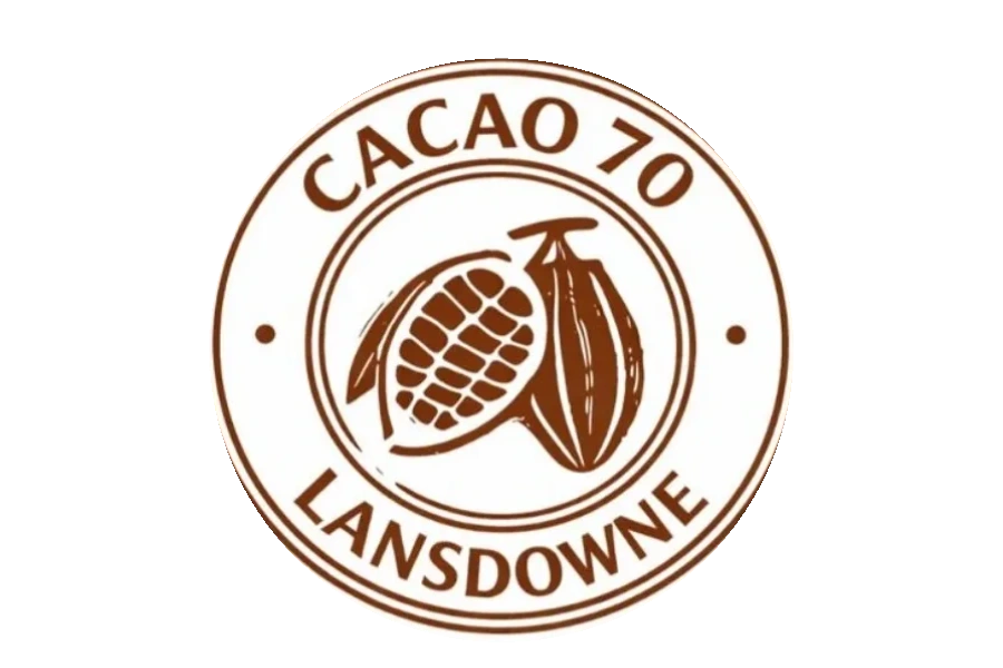 Logo with cacao pods and text 'CACAO 70 LANSDOWNE'.